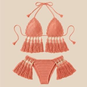 Crochet Fringe Bikini Set in Peach
